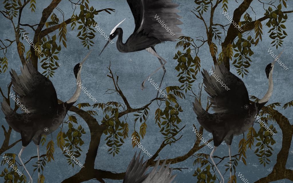 Blue Heron Branch Wallpaper : Dark Chinoiserie Birds Mural - View 2