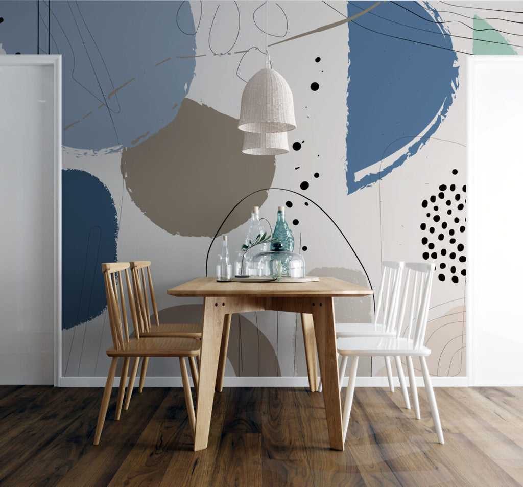 Blue Abstract Shapes Wallpaper : Boho Geometric Mural - View 3