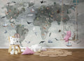 Animal World Map Wallpaper : Sage Grey Compass Kids Mural