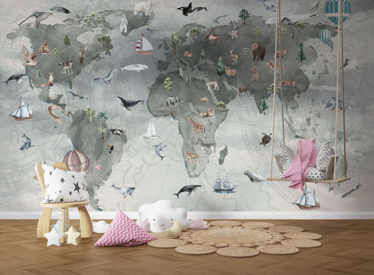 Animal World Map Wallpaper : Sage Grey Compass Kids Mural