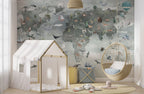 Animal World Map Wallpaper : Sage Grey Compass Kids Mural - View 2