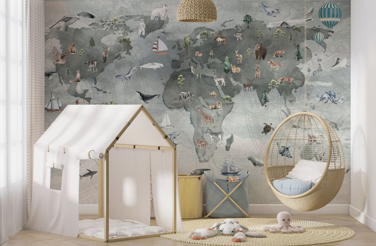 Animal World Map Wallpaper : Sage Grey Compass Kids Mural - View 2
