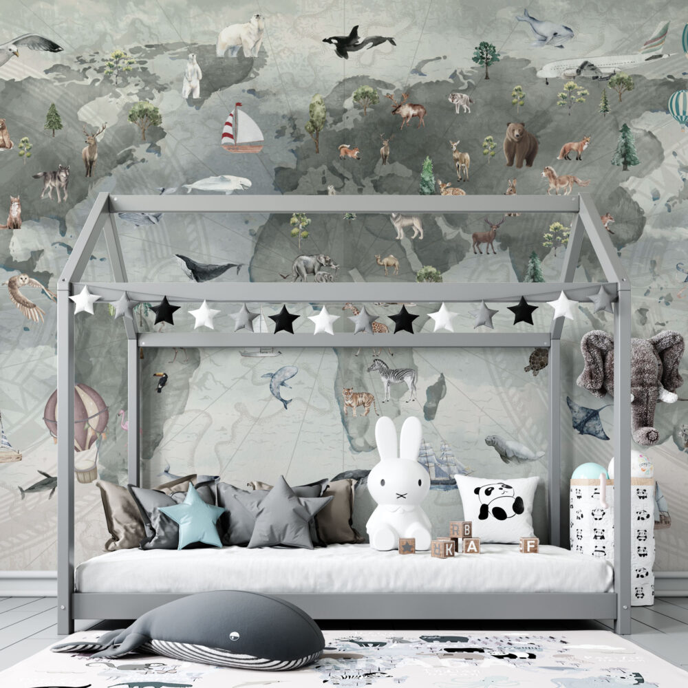 Animal World Map Wallpaper : Sage Grey Compass Kids Mural - View 3