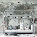 Animal World Map Wallpaper : Sage Grey Compass Kids Mural - View 3