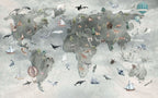Animal World Map Wallpaper : Sage Grey Compass Kids Mural - flat design