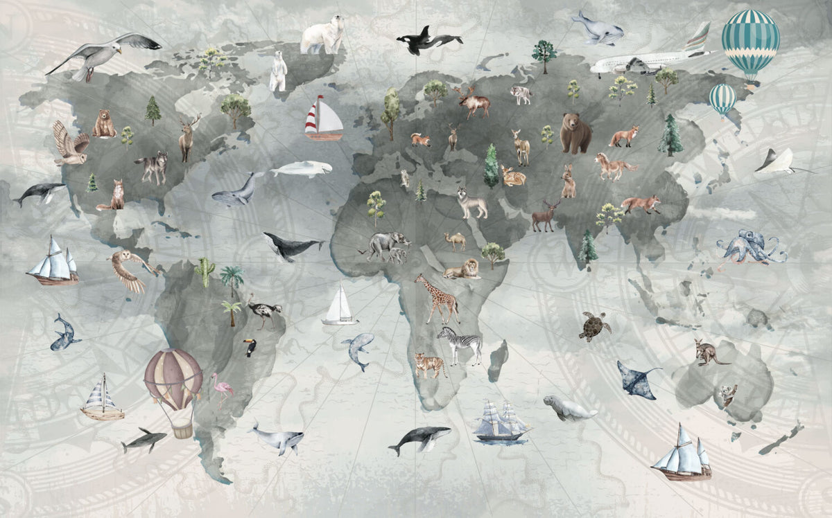 Animal World Map Wallpaper : Sage Grey Compass Kids Mural - flat design