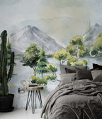 Watercolor Lake Forest Wallpaper : Mountain Pines Landscape Mural - View 2