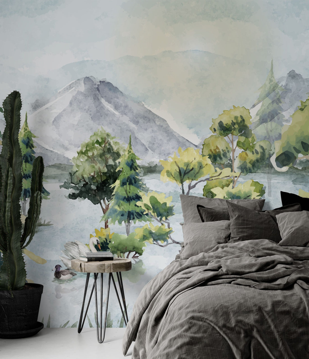 Watercolor Lake Forest Wallpaper : Mountain Pines Landscape Mural - View 2