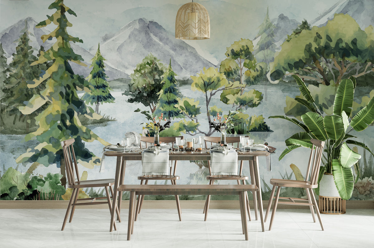 Watercolor Lake Forest Wallpaper : Mountain Pines Landscape Mural