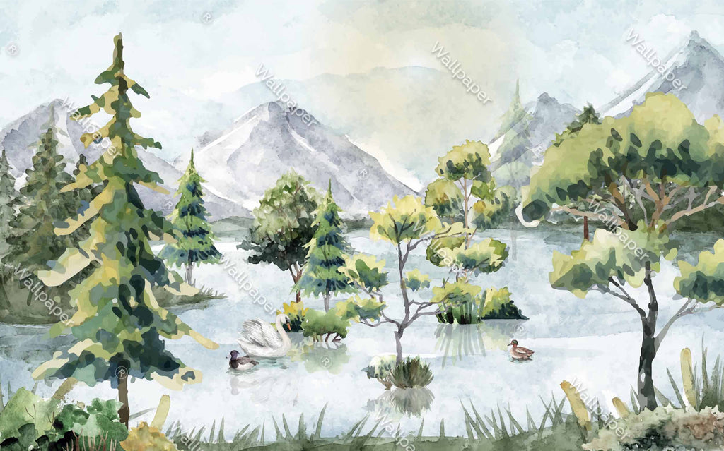 Watercolor Lake Forest Wallpaper : Mountain Pines Landscape Mural - flat design