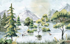 Watercolor Lake Forest Wallpaper : Mountain Pines Landscape Mural - flat design