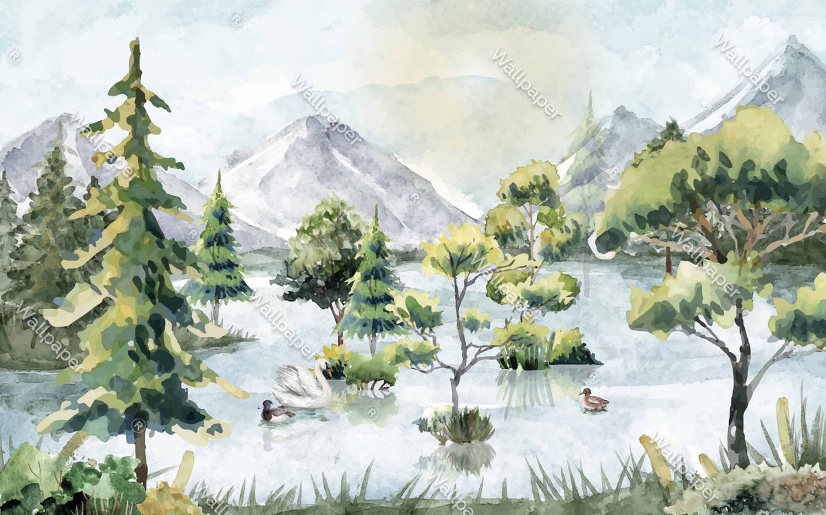 Watercolor Lake Forest Wallpaper : Mountain Pines Landscape Mural - flat design