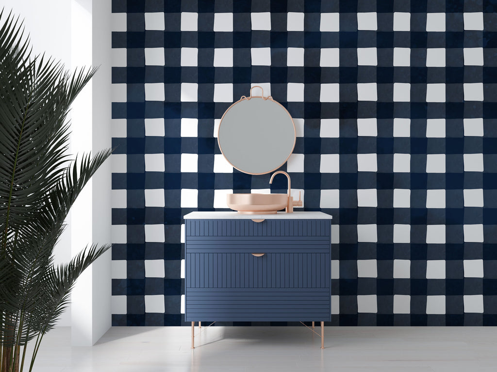 Navy Gingham Wallpaper : Classic Check Pattern - View 2