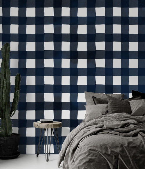 Navy Gingham Wallpaper : Classic Check Pattern