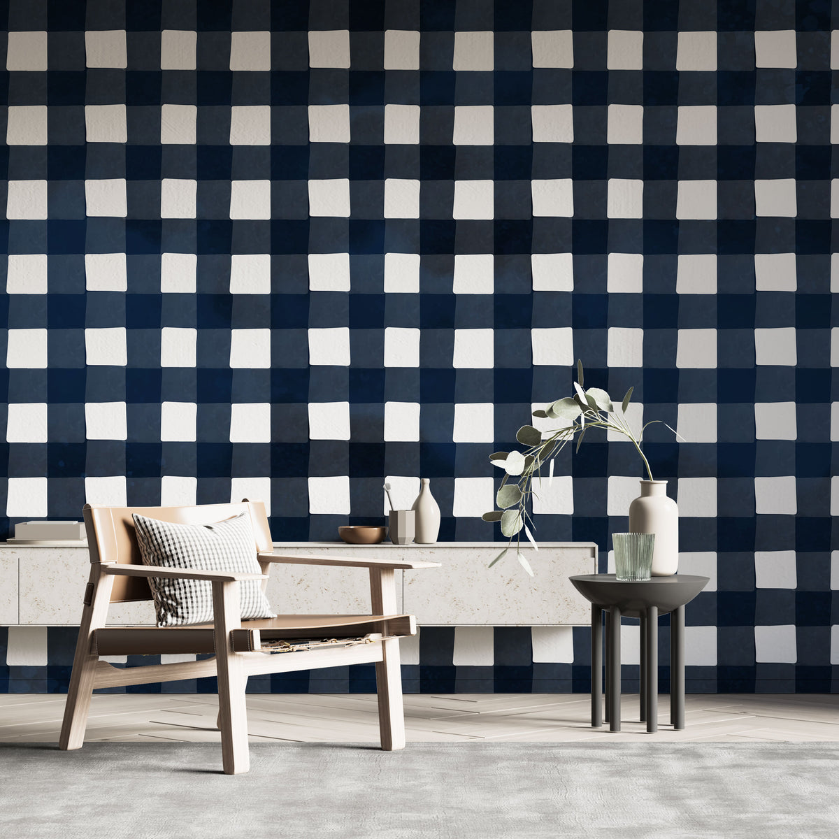 Navy Gingham Wallpaper : Classic Check Pattern - View 3