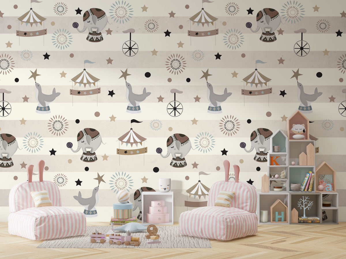 Striped Circus Wallpaper : Retro Kids Big Top Pattern - View 3