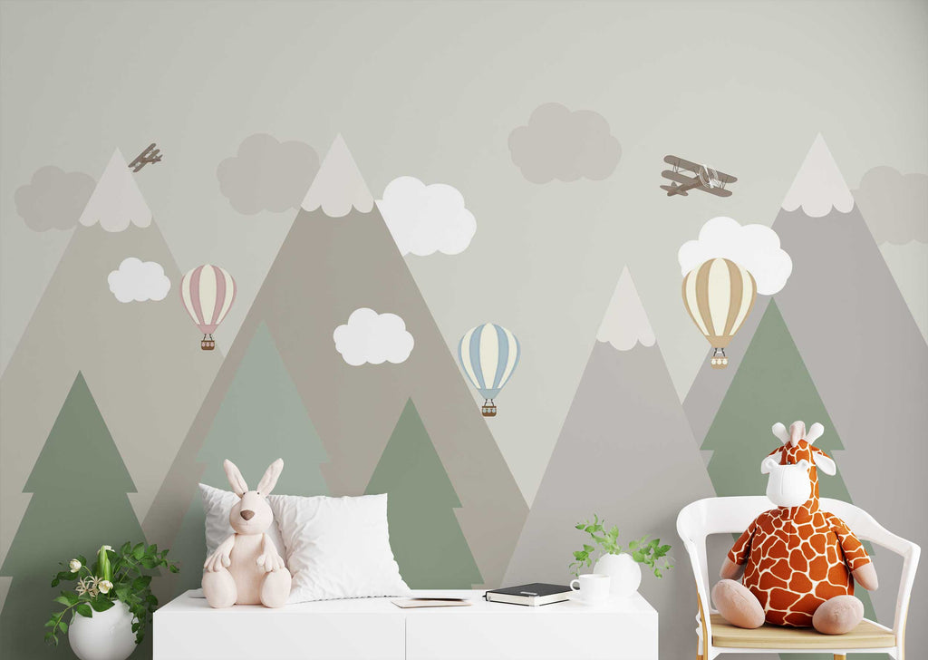 Pastel Mountain Balloon Wallpaper : Soft Kids Room Mural - View 4