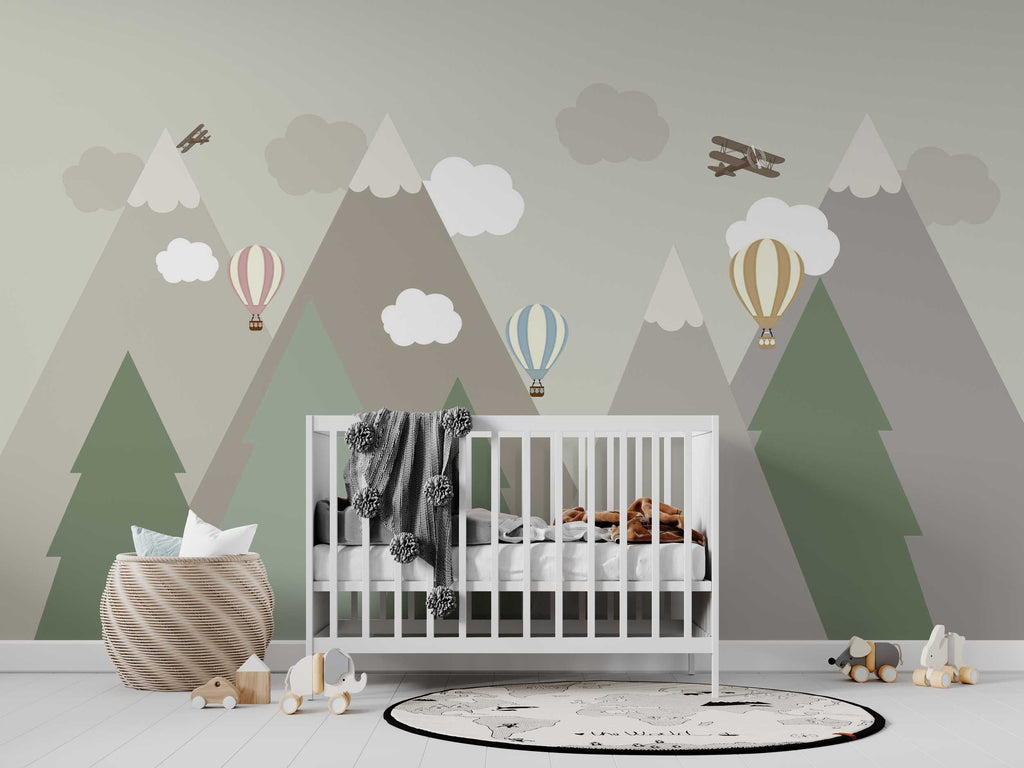 Pastel Mountain Balloon Wallpaper : Soft Kids Room Mural - View 3