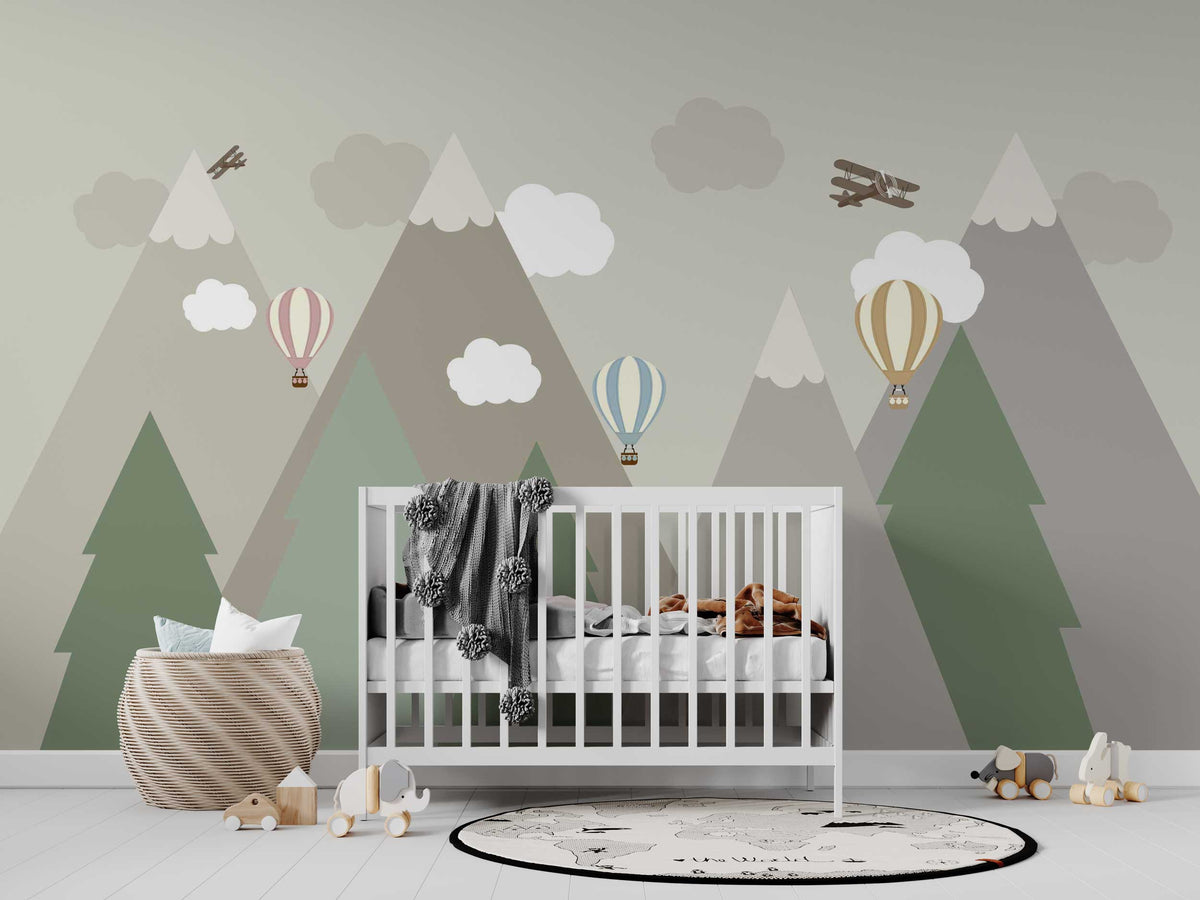Pastel Mountain Balloon Wallpaper : Soft Kids Room Mural - View 3