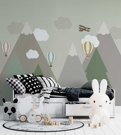 Pastel Mountain Balloon Wallpaper : Soft Kids Room Mural