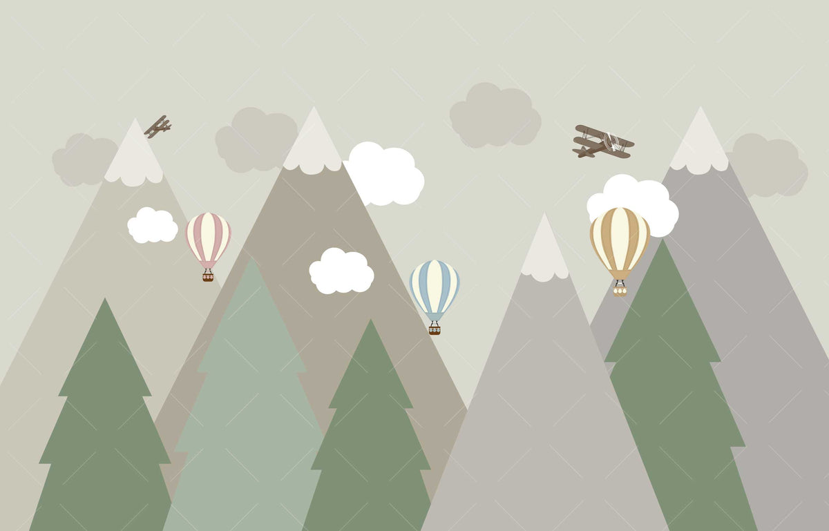 Pastel Mountain Balloon Wallpaper : Soft Kids Room Mural - View 2