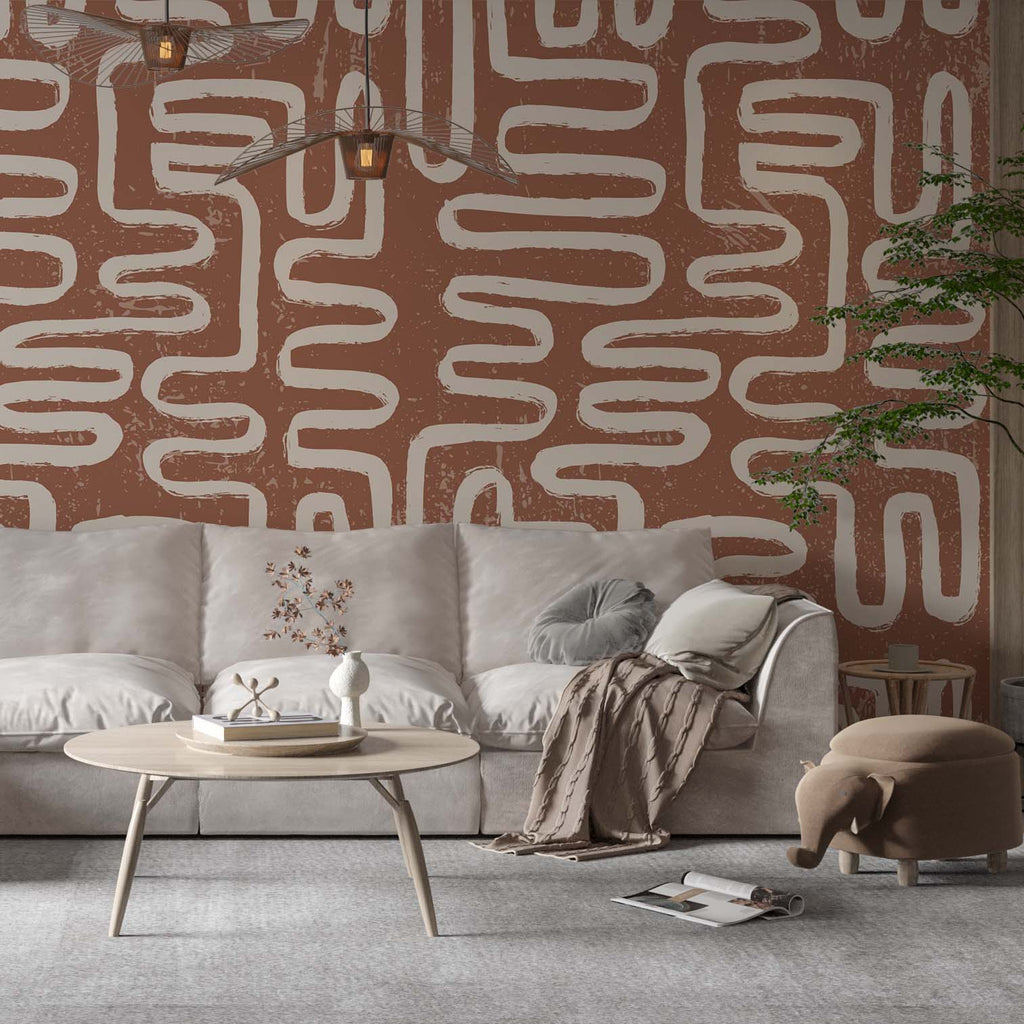 Terracotta Maze Brush Wallpaper : Boho Zigzag Pattern - View 3