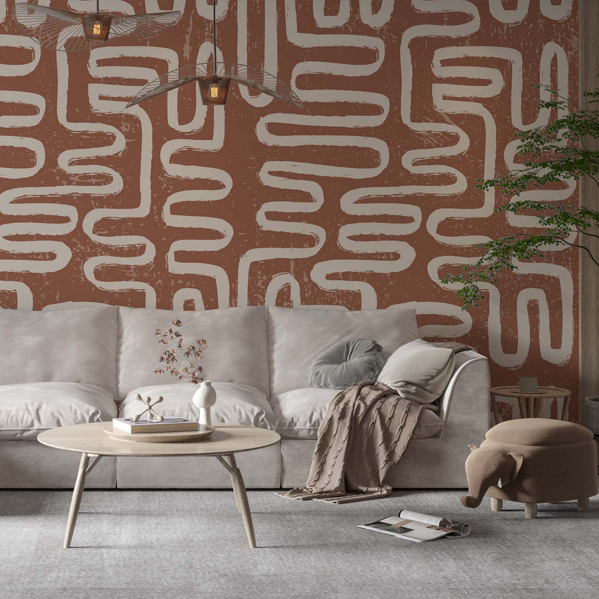 Terracotta Maze Brush Wallpaper : Boho Zigzag Pattern - View 3