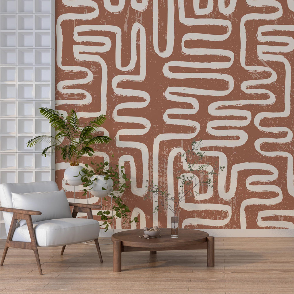 Terracotta Maze Brush Wallpaper : Boho Zigzag Pattern