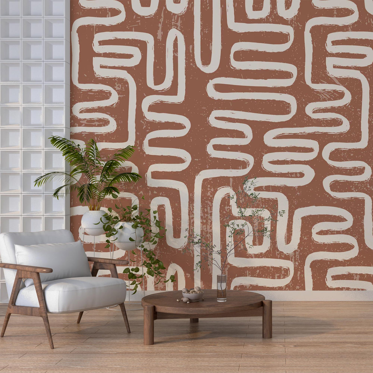 Terracotta Maze Brush Wallpaper : Boho Zigzag Pattern