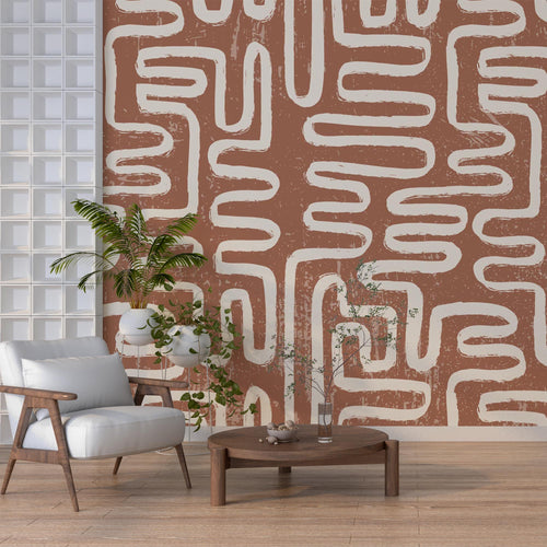 Terracotta Maze Brush Wallpaper : Boho Zigzag Pattern