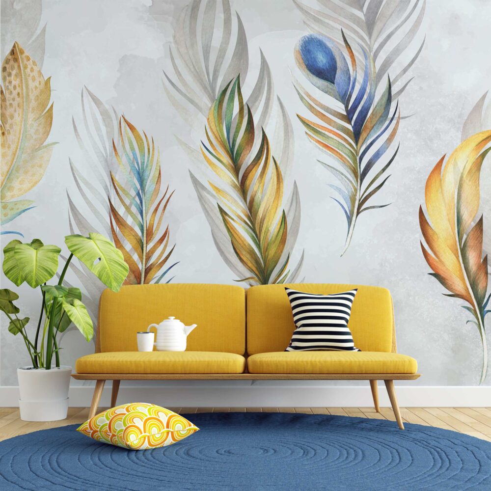 Golden Feather Wallpaper : Peacock Plume Watercolor Mural