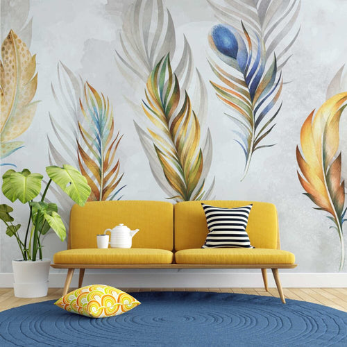 Golden Feather Wallpaper : Peacock Plume Watercolor Mural