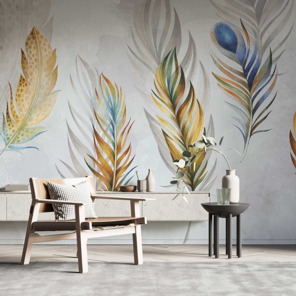 Golden Feather Wallpaper : Peacock Plume Watercolor Mural - View 2