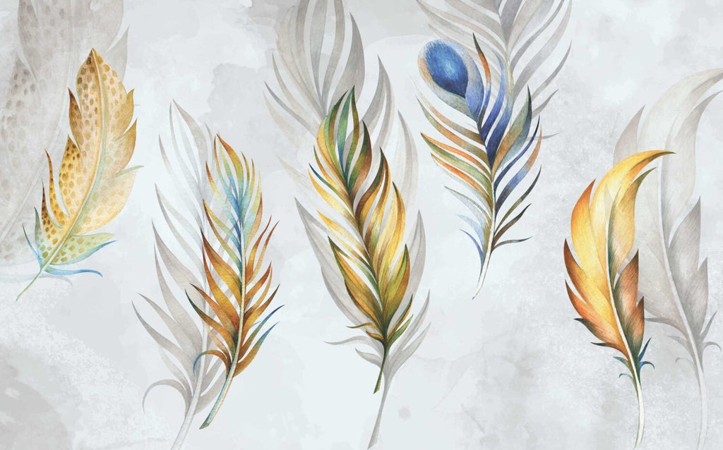 Golden Feather Wallpaper : Peacock Plume Watercolor Mural - flat design