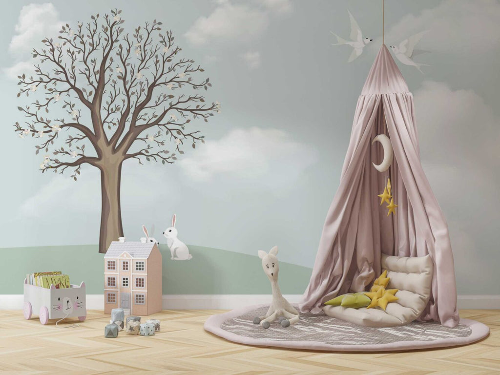 Bunny Tree Nursery Wallpaper : Sage Sky Meadow Mural - View 2
