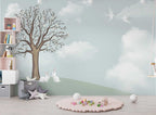 Bunny Tree Nursery Wallpaper : Sage Sky Meadow Mural - flat design
