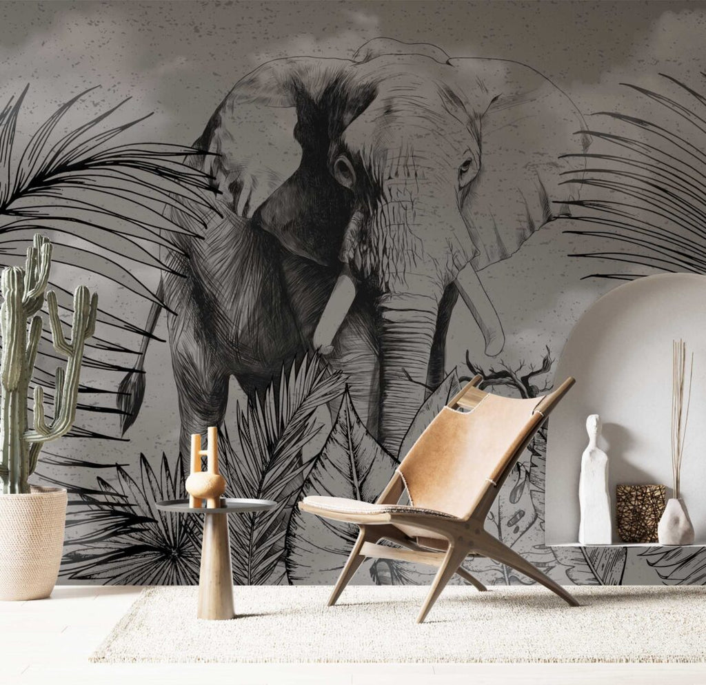 Black And White Elephant Wallpaper : Sketch Jungle Mural - View 2
