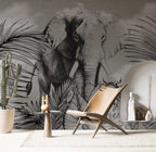 Black And White Elephant Wallpaper : Sketch Jungle Mural - View 2
