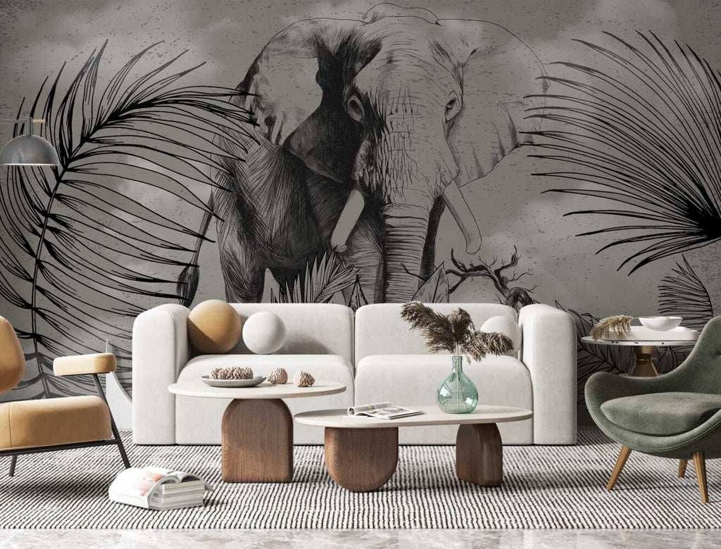 Black And White Elephant Wallpaper : Sketch Jungle Mural