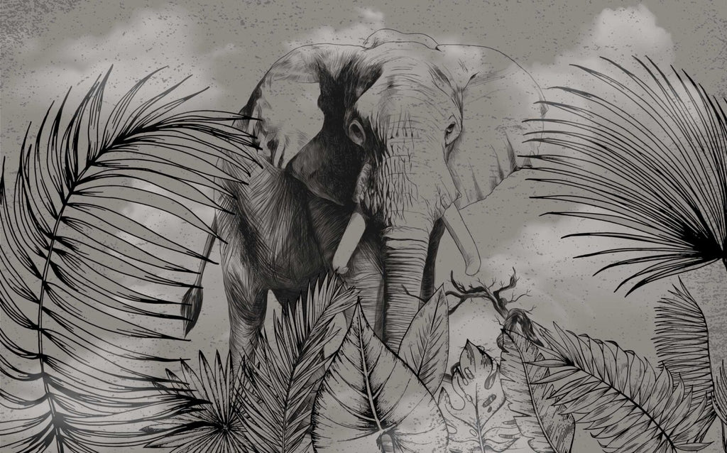 Black And White Elephant Wallpaper : Sketch Jungle Mural - flat design