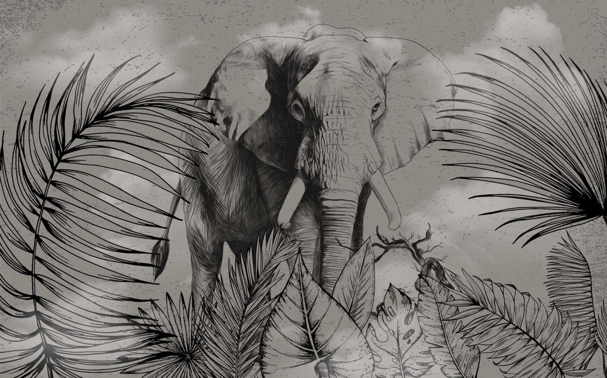 Black And White Elephant Wallpaper : Sketch Jungle Mural - flat design