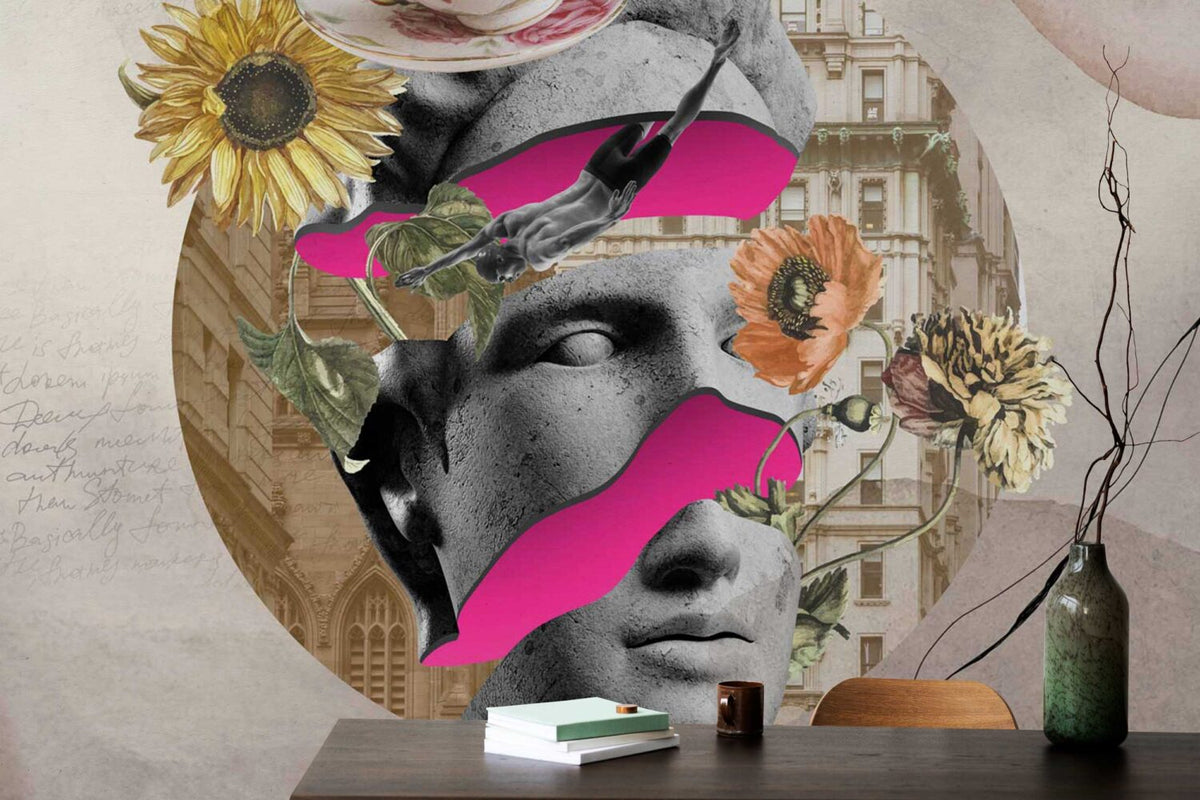 Floral Statue Collage Wallpaper : Pop Art Sculpture Face Mural - View 2