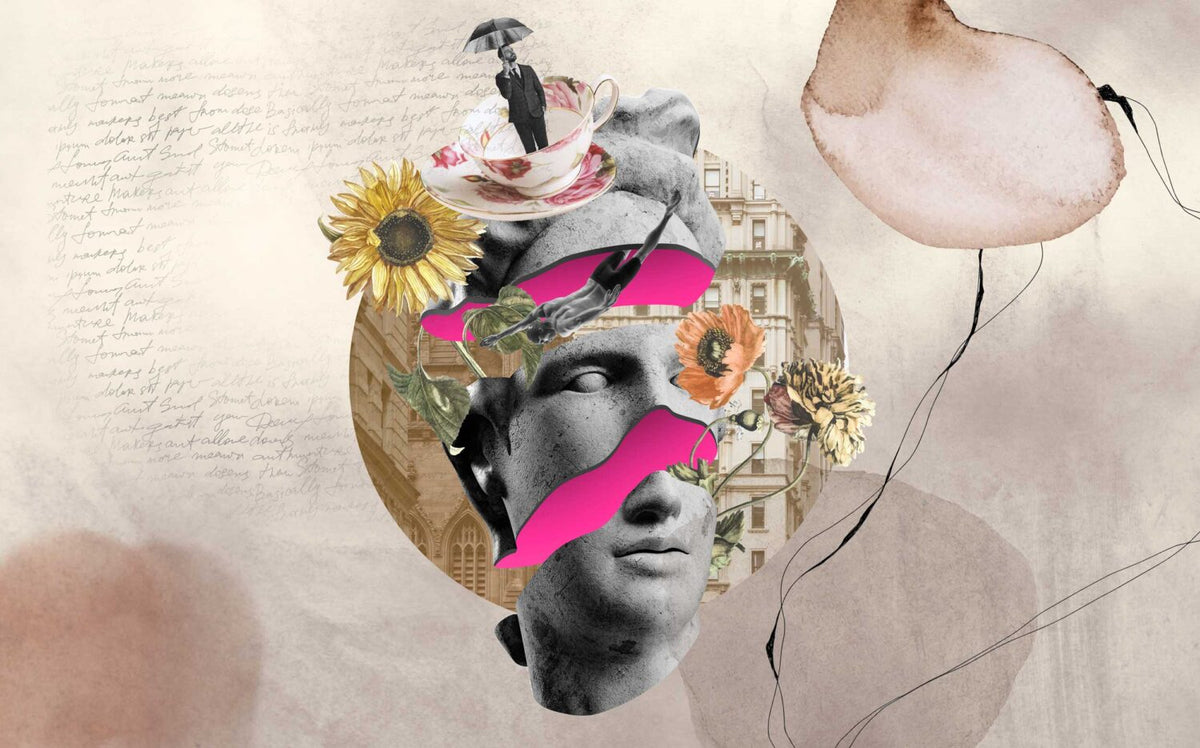 Floral Statue Collage Wallpaper : Pop Art Sculpture Face Mural - flat design