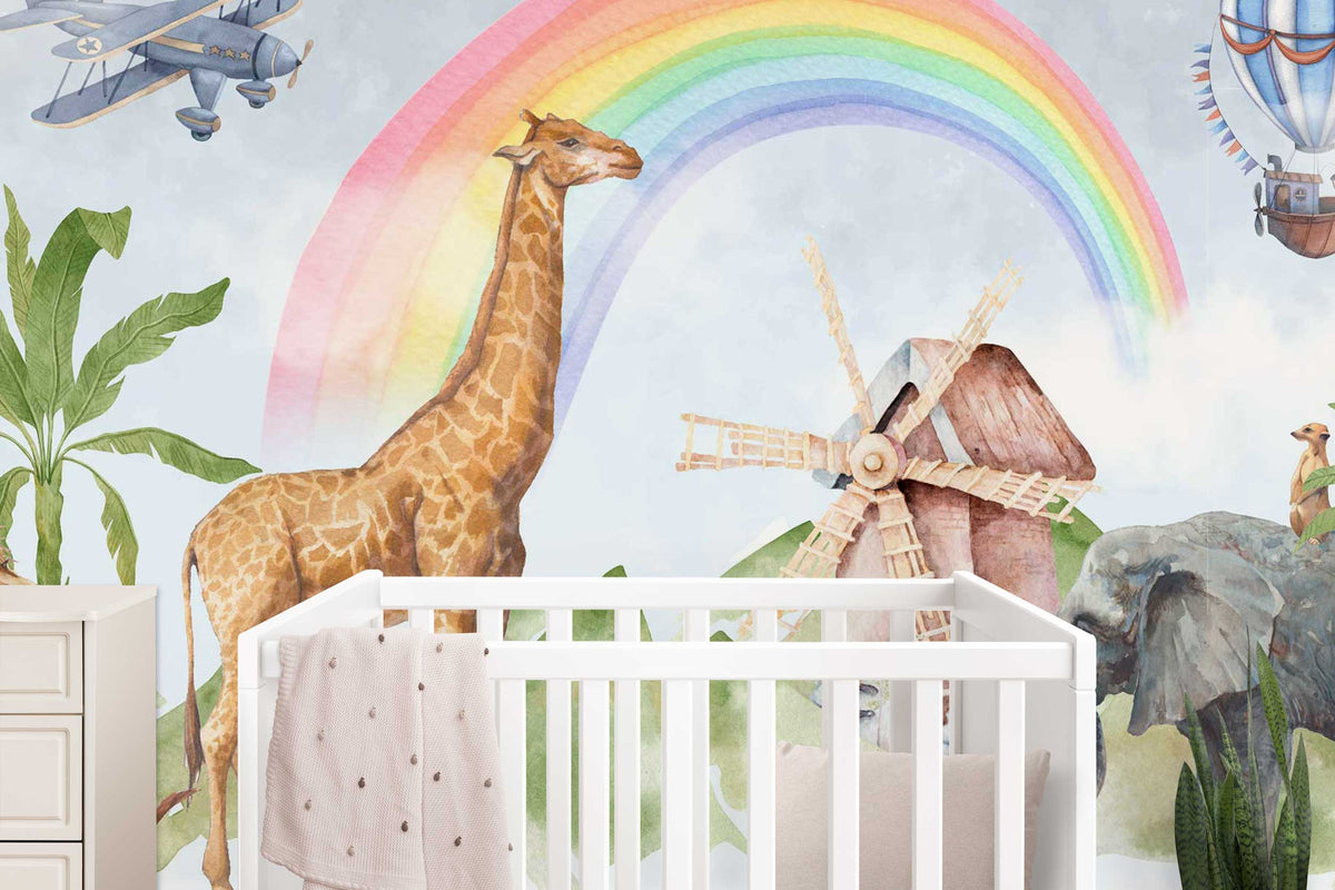 Rainbow Safari Animals Wallpaper : Watercolour Lion Giraffe Mural - View 4