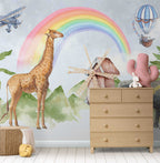 Rainbow Safari Animals Wallpaper : Watercolour Lion Giraffe Mural - View 3
