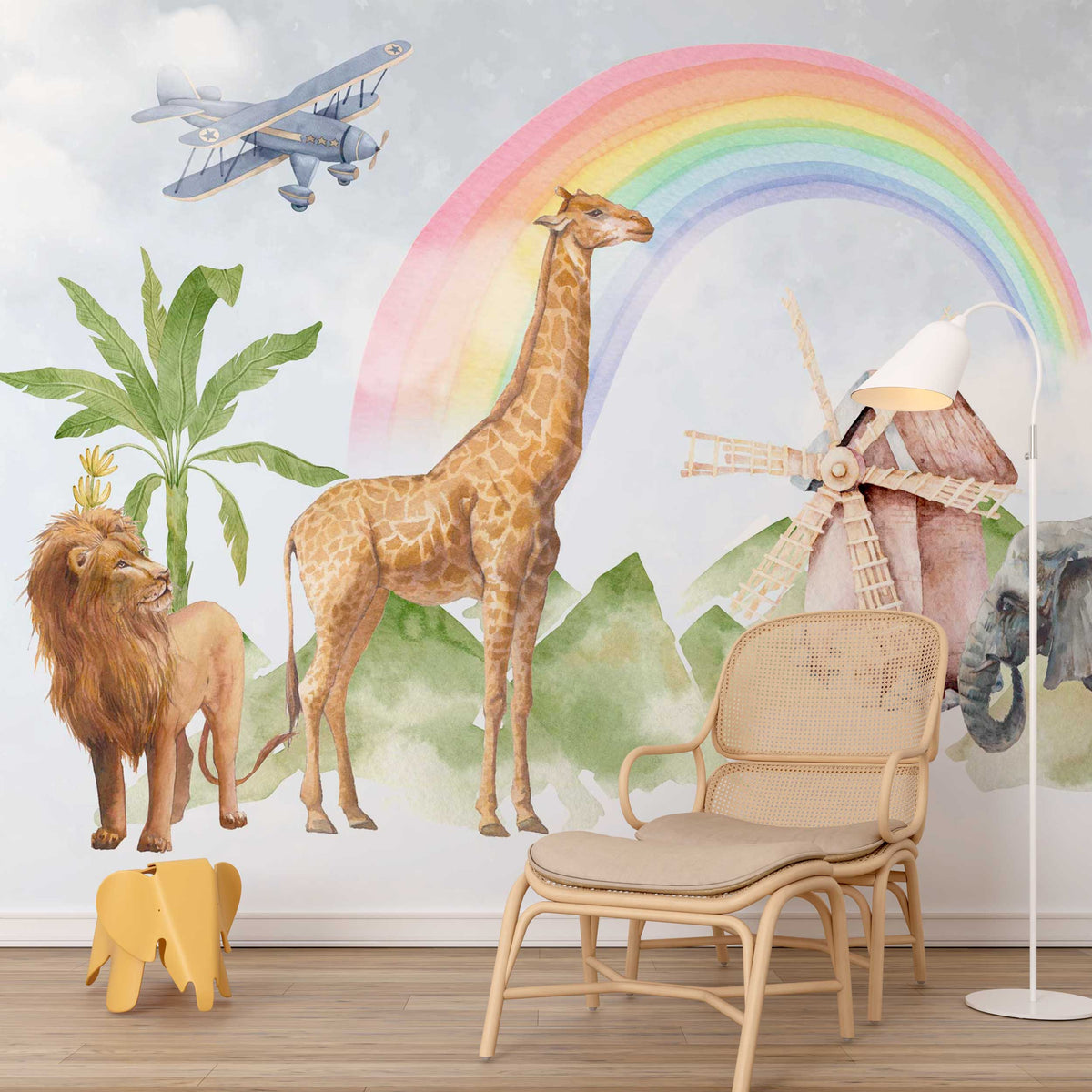 Rainbow Safari Animals Wallpaper : Watercolour Lion Giraffe Mural
