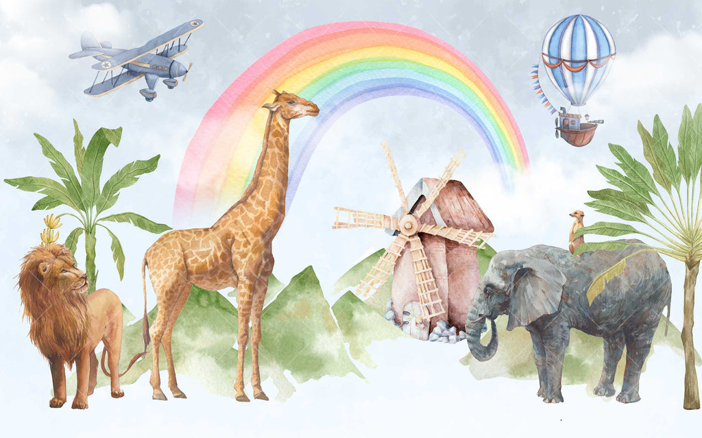 Rainbow Safari Animals Wallpaper : Watercolour Lion Giraffe Mural - View 2