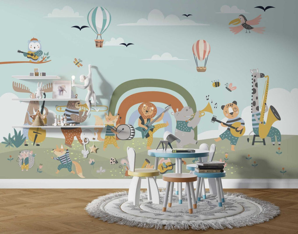 Animal Orchestra Wallpaper : Rainbow Music Band Kids Mural - View 3