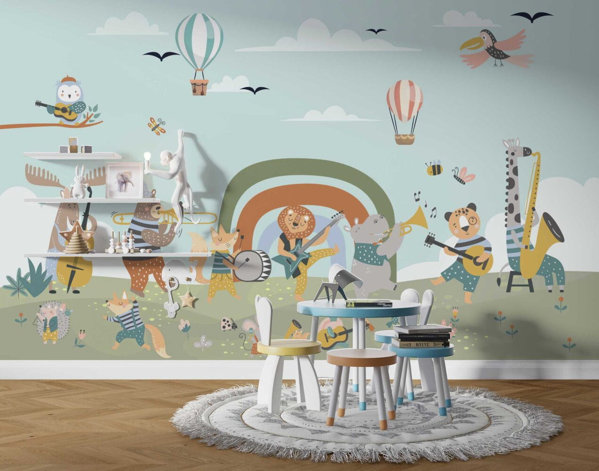 Animal Orchestra Wallpaper : Rainbow Music Band Kids Mural - View 3