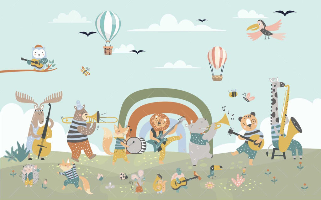 Animal Orchestra Wallpaper : Rainbow Music Band Kids Mural - View 2